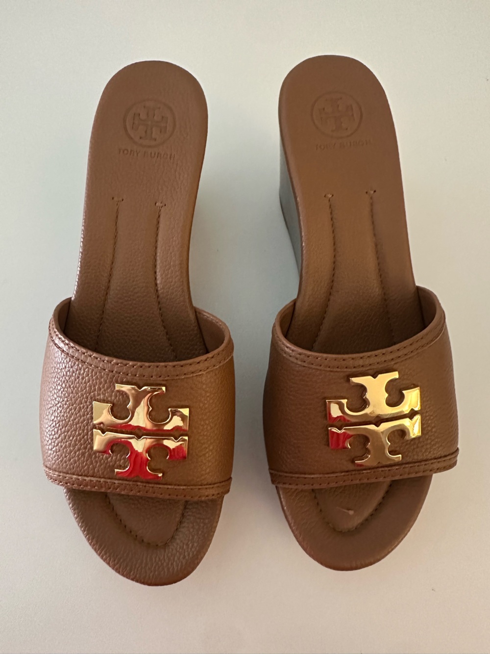 Tory Burch Brown and Gold Leather Sandal Wedge Size 8